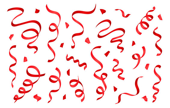 Set of realistic 3d vibrant red party streamers. Collection of coil ribbons serpentine isolated on transparent background. Falling glossy spiral curled tinsel, vector festive confetti or silk ribbons