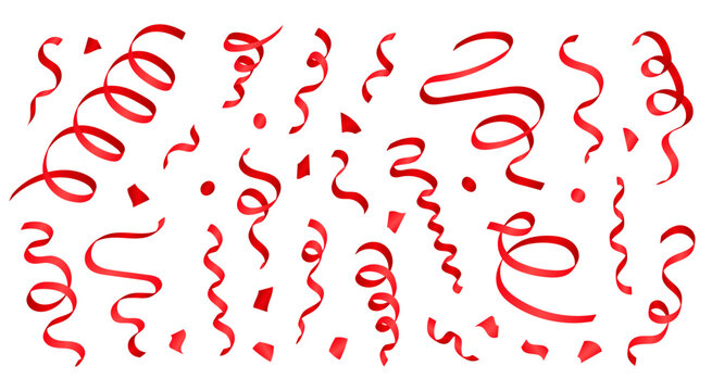 Collection of realistic 3d vibrant red party streamers, coil ribbon serpentine isolated on transparent background. Falling glossy spiral curled tinsel, vector festive confetti or silk ribbons