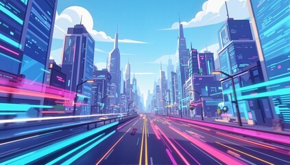 Fototapeta premium Abstract urban virtual reality. 2D Futuristic city motion graphic or animation. Moving day city background. Cartoon style. 