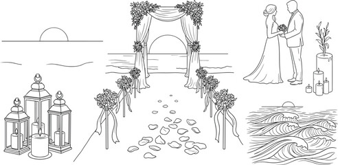Obraz premium Beach Wedding Ceremony Line Art Set Featuring Arch Couple Candles Ocean Waves and Romantic Decor Outline Collection for Destination Bridal Event Design