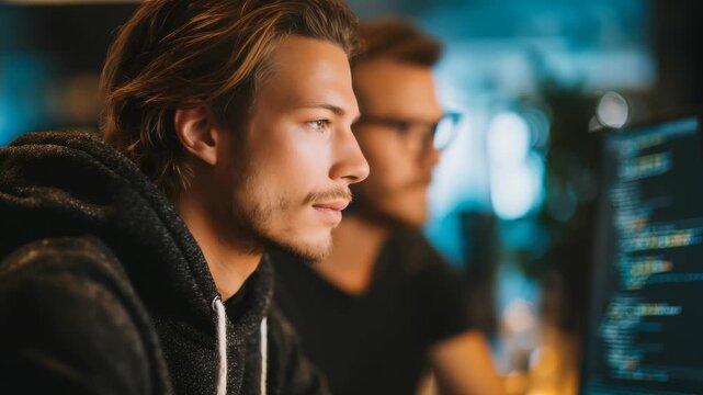 A young man in a hoodie is deeply engaged in coding at his workstation, with a coworker blurred in the background. The scene captures a dynamic tech workspace and collaborative software development