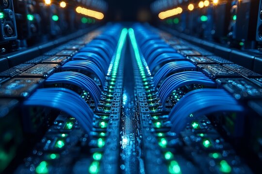 A closeup view of a network switch device equipped with green LEDs and blue Ethernet cables, along with other data center telecommunication equipment and internet communication hardware, showcases