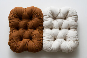 Naklejka premium Two quilted pillows in brown and white on a light background.