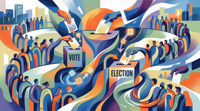Colorful abstract illustration of diverse people casting votes in election with ballot box and urban skyline background