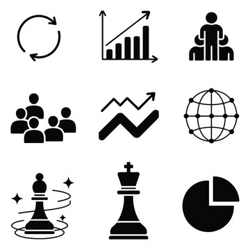 Business strategy icons set with cycle diagram, bar chart, people figures, chart, arrow, globe, chess piece, and pie chart, symbolizing planning