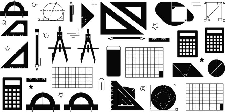 Geometry and Math Tool Icon Set Featuring Ruler Compass Protractor Calculator and Shapes Silhouette Collection for Engineering Education and Technical Design