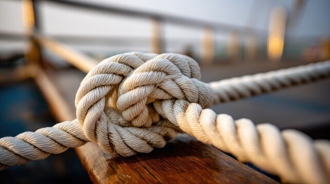 Colorful white rope knot on the deck of a sailing ship during golden hour with blurred background and bokeh effect