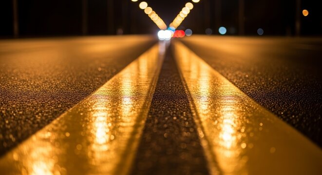 Night view of empty freeway with illuminated lane markings reflecting light on wet asphalt. Night freeway features glowing road lines leading to distant lights ahead.