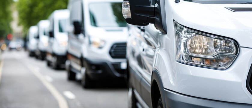 Close-up view of white ford econoline cargo vans on the road showing headlights in blurred background during daytime transportation activity