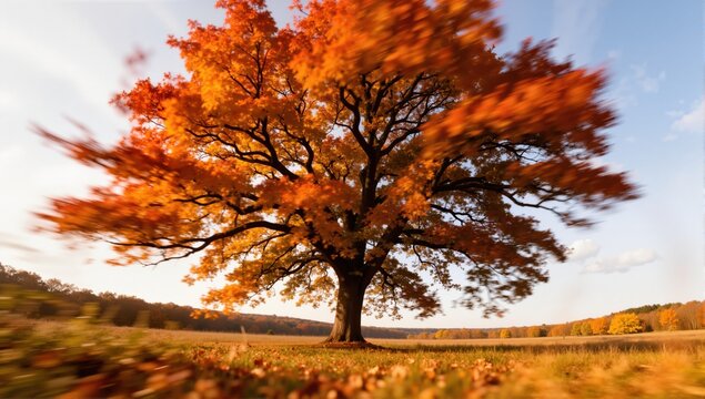 Rowan tree at autumn, mooving on wind, panoramic move.
