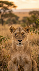 Fototapeta premium Majestic African Lion Portrait in Golden Savanna Sunset with Warm Backlight