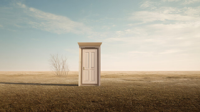 A solitary white door stands open in a vast, dry, grassy field under a pale sky