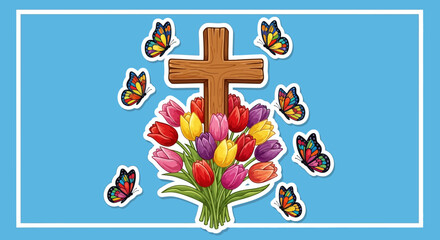 Fototapeta premium Easter Celebration with Wooden Cross, Vibrant Tulips Bouquet, and Flying Butterflies on Bright Blue Background