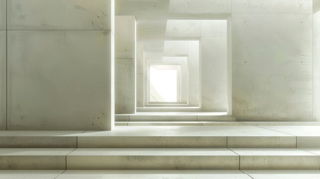 Minimalist concrete architecture with repeating geometric shapes and bright light at the end of the corridor