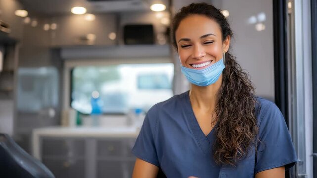 Young nurse or paramedic with friendly expression sits in ambulance, exuding professionalism, care. Healthcare worker is prepared for emergency response, reflecting dedication, compassion