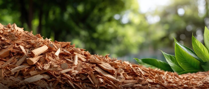 Wooden particles piled on the ground with cut trees in the background showing organic building materials for home and industrial use