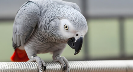 Fototapeta premium African Grey Parrot Perched on Metal Tube, Close-up Portrait of Intelligent Bird with Grey Feathers and Black Beak, Suitable for Marketing, Social Media, and Educational Materials