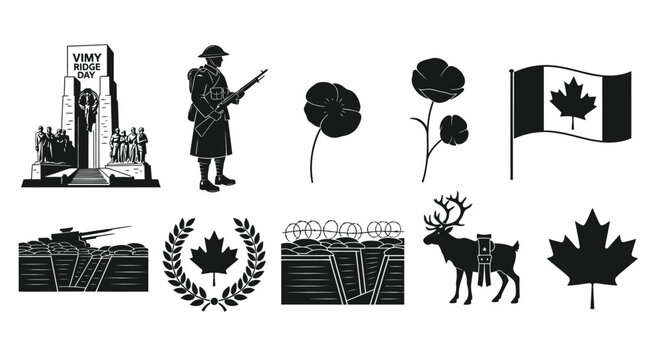 Remembrance day imagery Vimy Ridge poppies and canadian symbols in black and white
