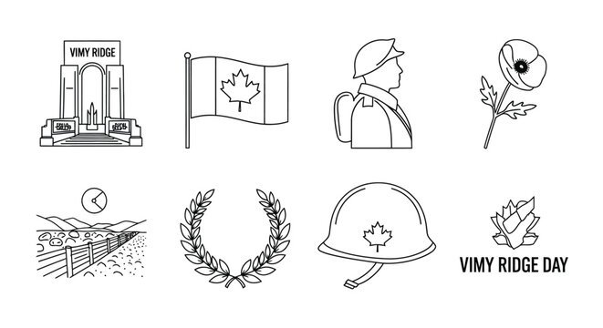 Vimy ridge memorial elements monument flag soldier poppy and landscape symbols