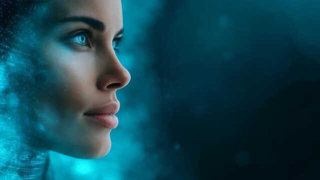 Close up portrait of a young woman with striking blue eyes in a digital, sci fi environment. The image evokes innovation, artificial intelligence, and futuristic aesthetics