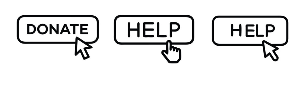 Donate and help button outline icon set featuring clicking cursor, charity support, volunteer hand, and more vector illustration on editable stroke
