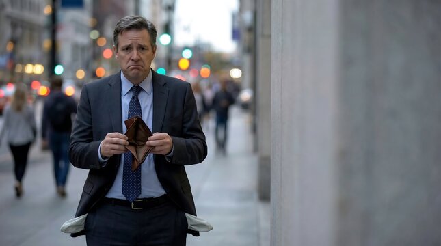 A distressed businessman stands on a city sidewalk, his empty wallet and pockets exposed, symbolizing financial hardship and economic recession