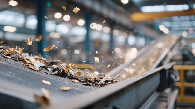 Magnetic eddy current separator extracts aluminum from mixed metal recycling stream, non-ferrous materials leaping from conveyor belt, industrial processing facility background, perfect for metal re