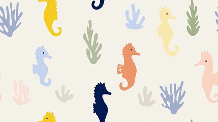 Obraz premium Colorful seahorses creating a playful ocean seamless pattern. Playful seahorses forming a cute children's pastel colored seamless pattern on a white background