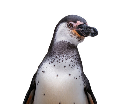 Isolated detailed portrait of a curious Humboldt penguin, side view, natural animal shot