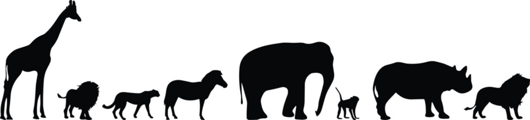 Animal silhouettes illustration, giraffe lion dog sheep elephant monkey rhinoceros, wildlife outline, black silhouettes, zoology design resource, nature art, stock image © Robbani