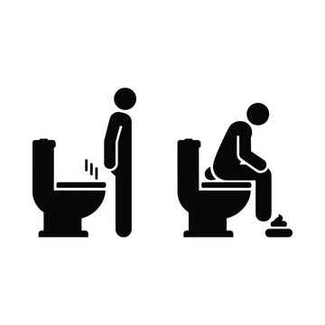 Illustration depicting two different ways of using a toilet: standing and sitting.