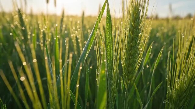 Fresh green wheat ears covered with morning dew drops in a sunlit agricultural field, representing growth and nature.