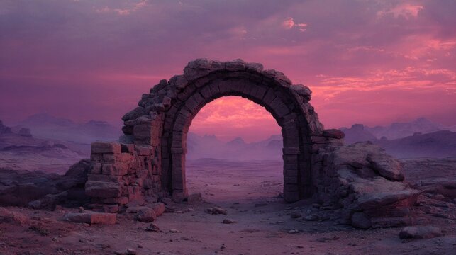 Ancient archway in a desert landscape with vibrant pink and purple sky at sunset