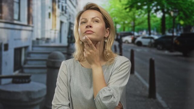 Woman with hand on chin pauses on a bustling urban street amid parked cars considering her next move; contemplation.