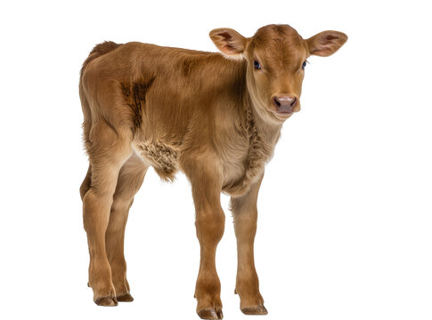 Isolated young light brown calf, an adorable farm animal standing, cute and innocent look