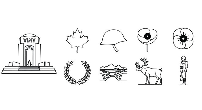 Line art depiction of vimy ridge memorial canadian symbols and remembrance elements