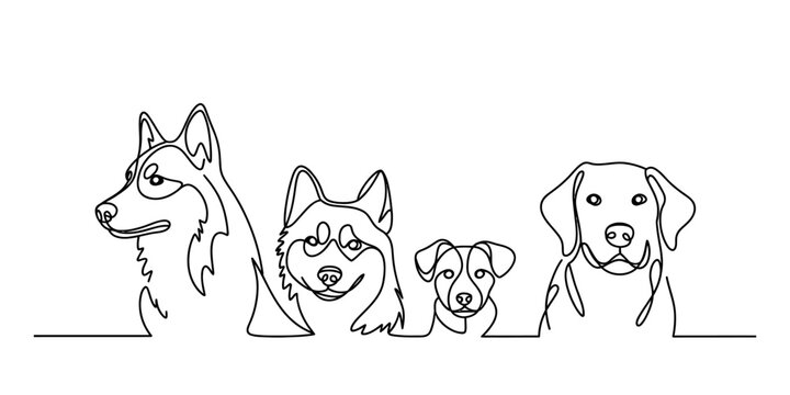 Minimalist continuous line drawing of four different dog breeds sitting in a row on a white background.