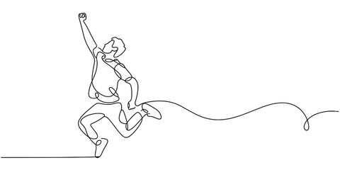 Fototapeta premium Continuous line drawing of a happy man jumping in the air to celebrate success and victory