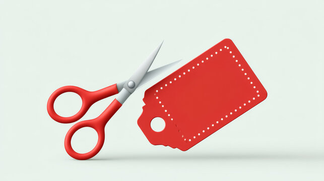 Red scissors cutting red tag on light background