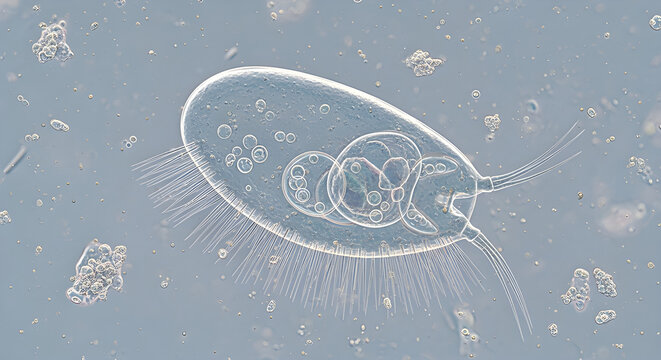 Paramecium organism with visible cilia in microscopic aquatic environment.