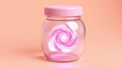 Fototapeta premium Pink jar contains galaxy. Swirling nebula visible inside glass container. Soft lighting, pastel background creates dreamy scene.