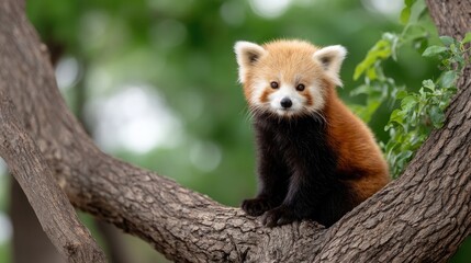 Fototapeta premium Red panda sits on tree branch in natural setting enjoying daylight in a forested area with greenery all around