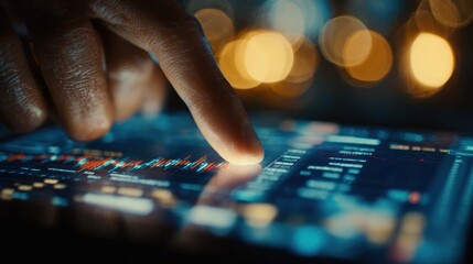 Fototapeta premium Close up of hand interacting with a tablet screen showing financial data
