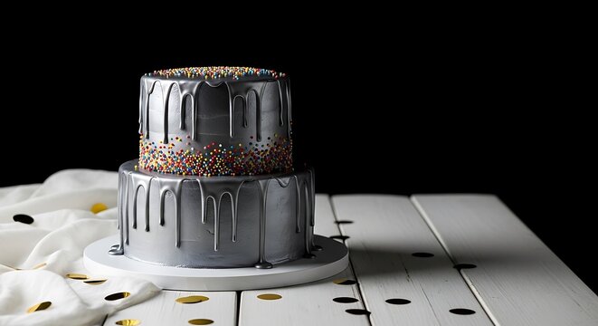 Two-tiered silver cake with dripping icing, sprinkles, on white surface, black background