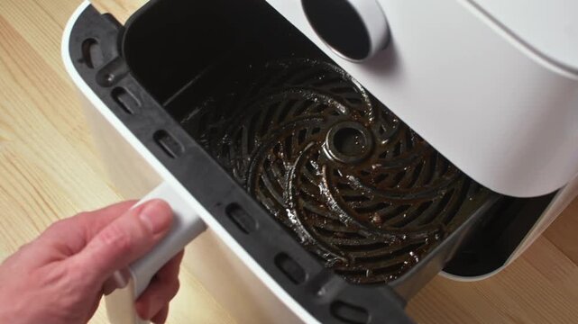 Hand pulls dirty greasy basket from white air fryer on wooden table, showing burnt oil residue and appliance cleaning process