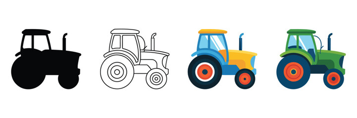 Farm tractor four styles, black solid, glyph, outline, minimal, flat, multicolor filled, cartoon, flat shaded, featuring agricultural vehicle illustrations © Oscar N. Erwin