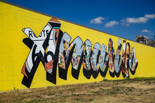 Modern Art Amarillo Painted Mural on Brick Wall With Blue Sky in Amarillo, Texas
