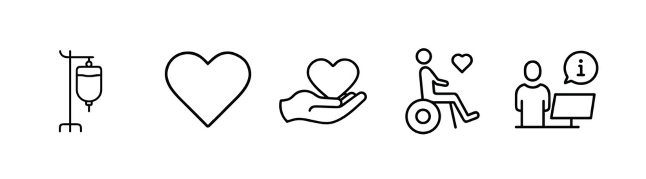 Medical care and charity outline icon set featuring IV saline drip, heart care, patient on wheelchair, hand giving heart, information desk, and more vector illustration on editable stroke