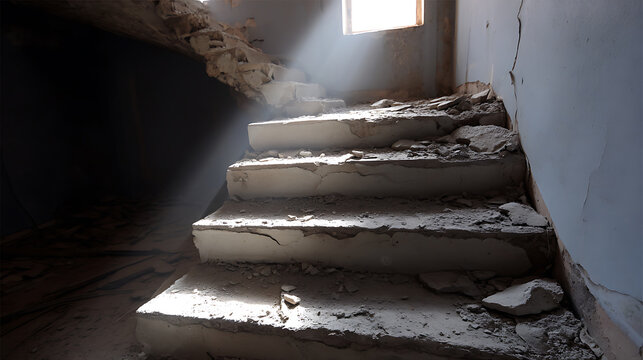Sunlit concrete stairs in derelict building, showing decay and destruction after disaster or abandonment, dust motes in light beam
