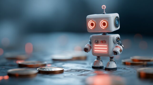 Cute futuristic robot with glowing eyes amidst coins in high-tech setting